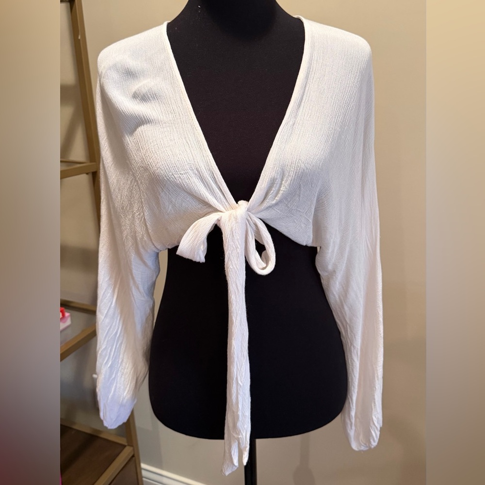 12th Tribe White Tie Front Crop Top Long Sleeve S Boho Beach Cover Up
